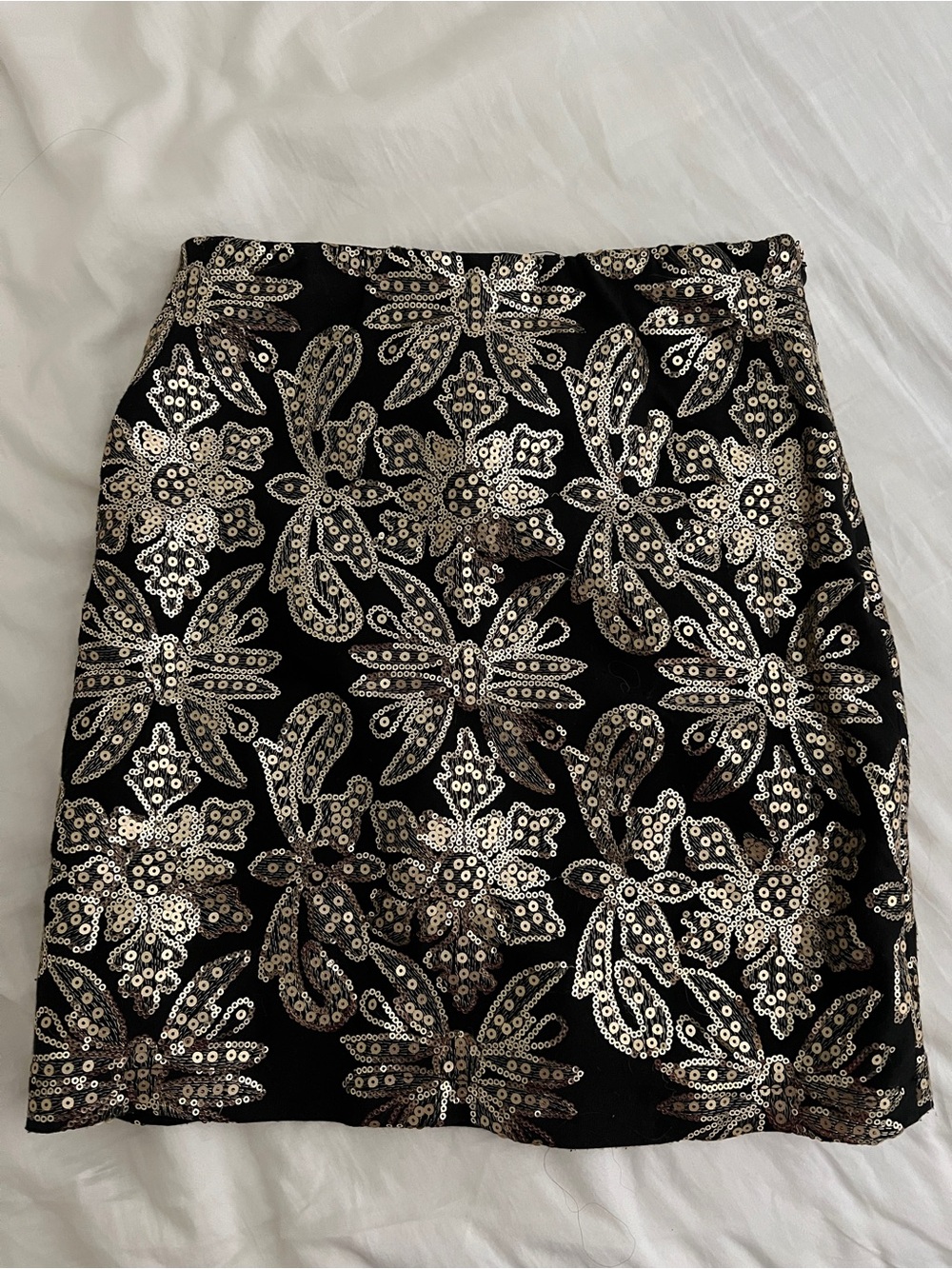 Romeo & Juliet Couture Black Mini Skirt with Gold Sequin Floral Pattern
